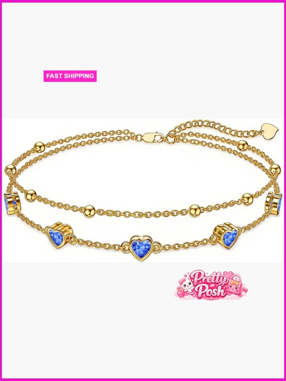 18K Yellow Gold Birthstone Anklet Bracelet Heart Jewelry with 12 Months